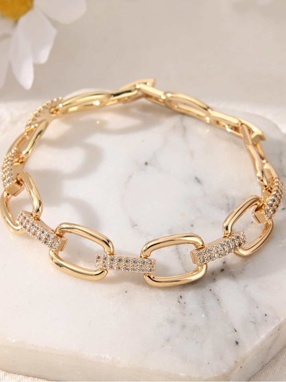 14K Gold Plated Link Chain Bracelet with Crystals